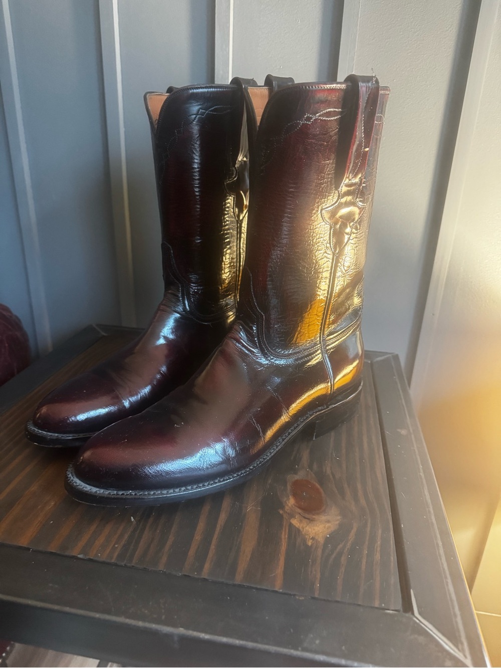 Lucchese Men's Burgundy Leather Western Boots with Gloss Finish